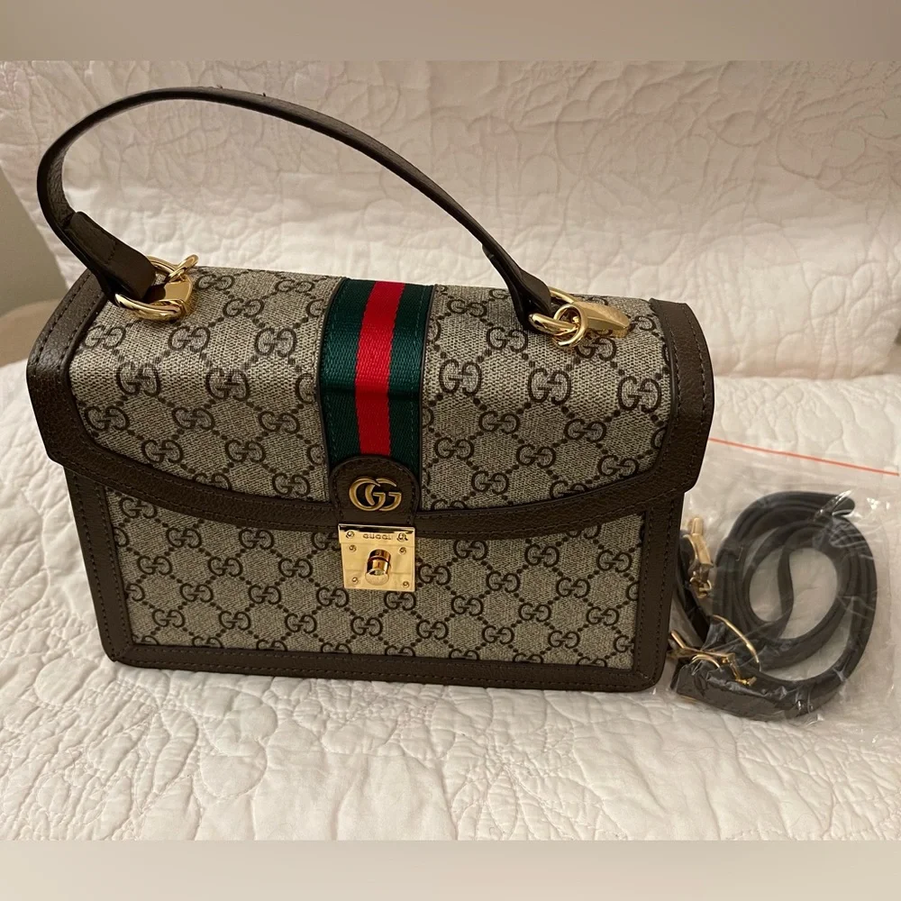 G*U*C*C*I Beige and Brown Satchel with Gold Accents - Picture 4 of 12